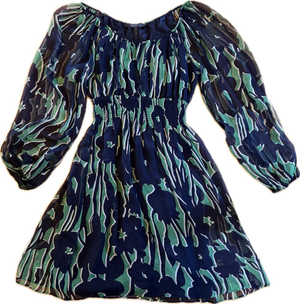 BCBGMAXAZRIA Dress Womens XS Blue Green Abstract Smocked Waist Knee Length